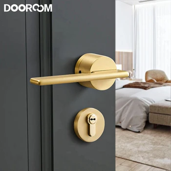 Заключване на вътрешната дръжката на вратата DOOROOM Квадратен Разъемный Матиран Златен Месинг Автоматично заключване на вратите със златен домашен лост За дървена врата хардуер