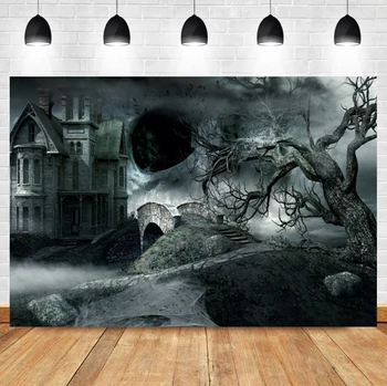 Замъкът на ужасите за Хелоуин Laeacco, арката на моста, клоните на старо дърво, на фона на картина като фон за фото студио