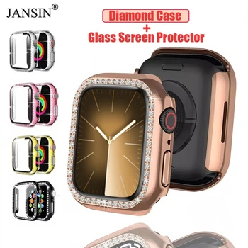Защитен калъф с диаманти за Apple Watch 9 41 мм 45 мм Стъклена Броня с пълно покритие За iWatch Серия 8 7 6 5 40 мм 44 мм 38 мм 42 мм