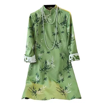 Зелен Ципао Чи-рп Супериорна Чонсам Елегантен Дамски дрехи Пролет Есен Ретро Китайското рокля Традиционното Ежедневното Коварен