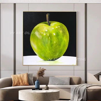 Зелена ябълка Плодове Ръчно изработени Абстрактна живопис с маслени бои модерна веранда преминаване произведение, картина за украса на детска стая и подарък