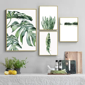 Зелени акварели листа Плакат с растения Декоративна живопис в скандинавски стил и Модерните стенни картини за домашен интериор дневна
