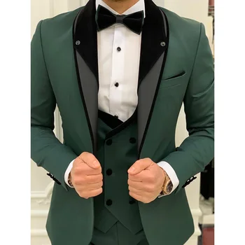 Зелени мъжки костюми, однобортный костюм от три части с ревери и шал за почивка, сако за официални събития, панталони, жилетка Hombre Slim Fit