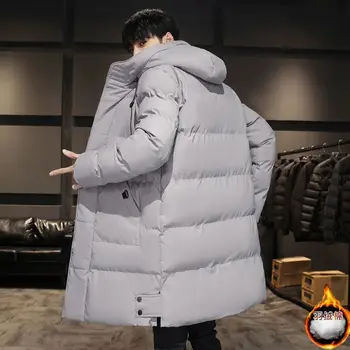 Зимна naka памучен яке, за мъже оверсайз, свободна и удебелена средна дължина с качулка, модни памучен яке, нова яке