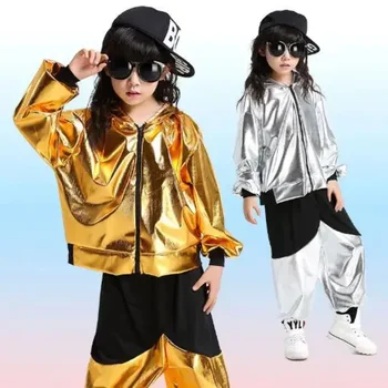 Златни Сребърни детски спортни панталони за съвременен джаз, дрехи с качулка за танци, расшитая с пайети, за момичета и момчета, за балните танци в стил хип-хоп