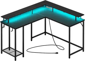 Игрална маса L-образна форма с изходи за захранване, led подсветка, Компютърна маса с поставка за монитор, срок за съхранение, Кът за офис бюрото с куки