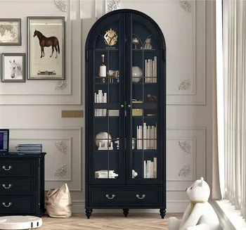 Извита книжния шкаф, от масивно дърво, стъклени врати, ретро черно, склад с двойни врати, витрина за съхранение