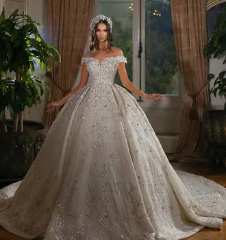 Изискан Бална рокля с открити рамене, украсени хрустальным мъниста, Сватбената рокля на поръчка Sweatheart 3D Flowers Vestido De Новия