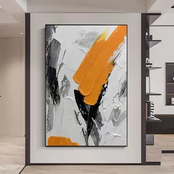 Изкуството на ръчно изработени, Оранжева абстрактна живопис с маслени бои, платно, Ръчно рисувани, Входна стена в хола, Модерно декоративно произведение на изкуството, без рамка