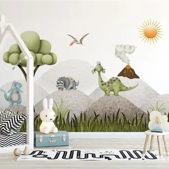 Изработена по поръчка 3D и стенни рисувани в скандинавски стил с анимационни динозавром, на фона на декор на детска стая, рисувани стенни Papel De Parede 3D