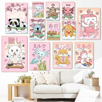 Кавайный Японски Ramen, суши, Чай с мляко, ягоди, Мультяшные животни, рисунки върху платно, постери с храна и щампи, фотография, интериор кухня