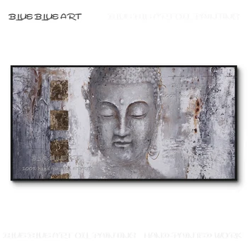 Квалифициран художник, ръчно рисувани, благородна абстрактна фигура на Буда, акрилна живопис върху платно, сив цвят, главата на Буда, маслени бои