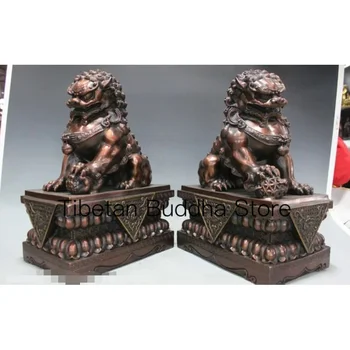 Китайската врата Залив Фън шуй Бей Дзин Фу Фу Кучето Лъв Двойка статуи от червен бронз