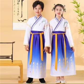 Китайското традиционната рокля Hanfu Kids, Комплект дрехи за древния фестивал за момчета и момичета рокля за народни танци с дълъг ръкав, рокля за изпълнения