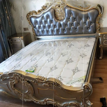 Кожено легло в европейски стил, луксозно кожено легло, резбовани мебели от масивно дърво, умен и кожено легло 1,8 м, двойно легло в основната спалня