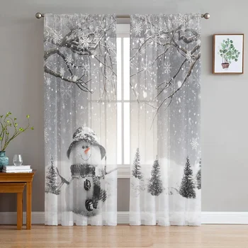 Коледен зимния, снежен човек, снежинки, прозрачни завеси, Коледни украси за дома, Тюлевые завеси за хол, спалня