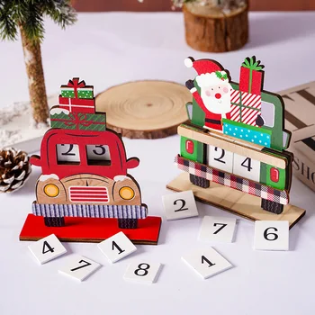 Коледен календар за обратно броене, дървени блокове, вечен настолен календар, авто Дядо Коледа, ретро-Коледа ръчно изработени за украса на вашия домашен офис