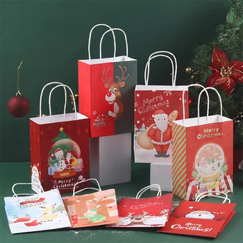 Коледен пакет от Крафт-хартия за опаковане, Cartoony Сладък Дядо Коледа, Лосове, Коледен подаръчен пакет, Празнична украса, Подаръци чанта