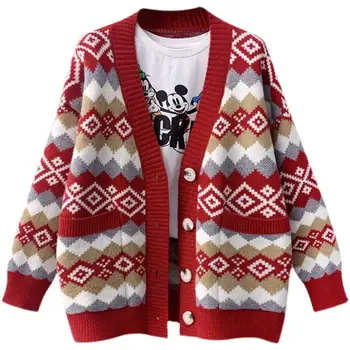 Коледен пуловер в контрастен цвят с червена ивица с диаманти, жилетка, Дамски есенна мода, Универсален пуловер в лениво стил с V-образно деколте, сако-пуловер