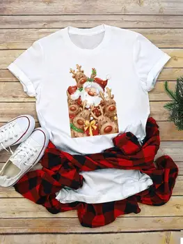 Коледна тениска, дамски дрехи, Коледа женски празничен тренд 90-те, прекрасно облекло, модни тениски с графичен принтом.