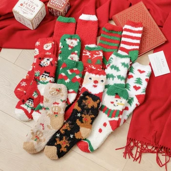 Коледни чорапи, зимни дамски дебели плюшени, топли и удобни, меки коралови кадифе, сладки чорапи на Дядо Коледа, мъжки топли зимни чорапи