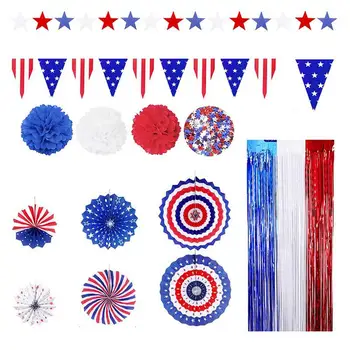 Комплект бижута за патриотична партия, Ден на Независимостта, Вентилатор, цветен комплект, Звездното цвете, червено, бяло, синьо, копринена завеса от дъжд за 4 юли