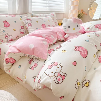 Комплект спално бельо от четири обекти с характер аниме Sanrios Hello Kitty Kuromi, сладки памучни калъфки за възглавници, пухени, комплект постелки от 3 теми