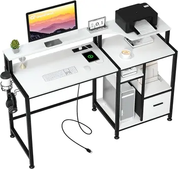 Компютърна маса GreenForest с чекмеджета и обезвъздушител, розетка, Офис маса, 55 инча с рафт за принтер, поставка за монитор, Работно бюро, с