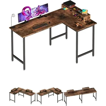 Компютърна маса L-образна форма на 58-инчов игри на маса, обръщане на ъглова маса, бюро за домашния офис с рафт-поставка за монитор