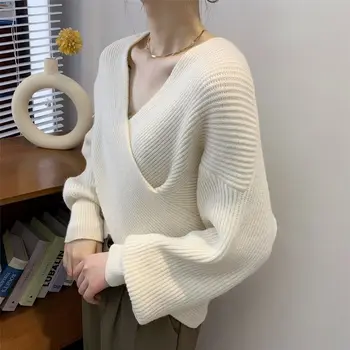 Корейски дизайн, вязаный пуловер с докосване, висококачествен пуловер с чувствителен на допир ключицей, v-образно деколте, обикновена тънки блузи с дълъг ръкав