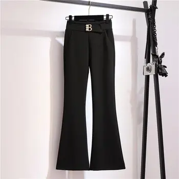 Корейски модни Дамски Черен панталон-клеш, Пролет-есен, Нови Тънки Еластични панталони с висока талия, Прости джобове, универсални Улични ежедневни панталони