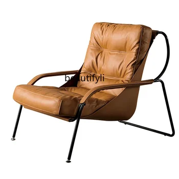Лесен луксозен кожен диван в италиански стил, одноместное стол за почивка, стол с метална подлакътник, дизайнерски мебели, столове за всекидневна