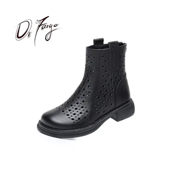 Летни дамски обувки DRFARGO от естествена кожа на нисък квадратен ток с кръгло бомбе и страничен цип, Кухи дамски обувки, Ботильоны, Размер 43