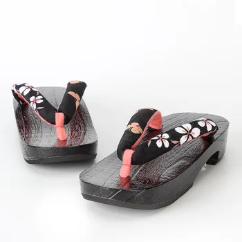 Летни дамски чехли, дървени джапанки Гета в японски стил, плоски нескользящие чехли-сабо