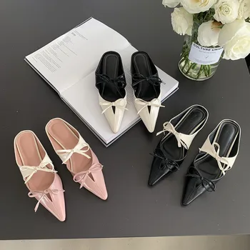 Летни дамски чехли, модел обувки с остри пръсти, на равна подметка с лък, Розови, бели, черни Плажни обувки, модни джапанки за партита, мюли