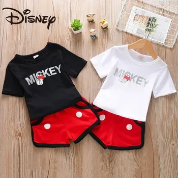 Летни дрехи за деца Disney 2023, Нов детски костюм за почивка с Мики Маус, панталони с къси ръкави, детски дрехи от две части