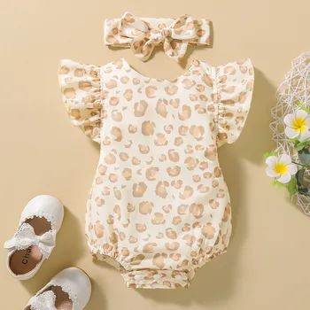 Летни дрехи за новородени, 2 броя, боди с леопардовым принтом на гърба си, с ръкави-фенерчета и кръгло деколте + превръзка на главата с лък