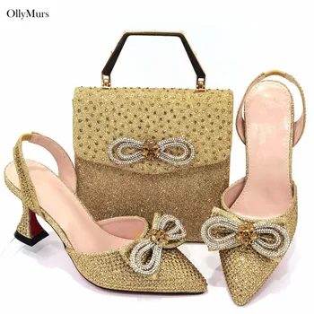 Летните обувки и чанта на висок ток в италиански стил, украсени с кристали, елегантни дамски обувки и чанта, комплект за вечерните рокли