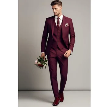 Луксозни бордо костюми за мъже, Блейзър с изрезки на лацканах, Однобортный сватбен костюм, обикновени дрехи, 3 предмет, яке, Панталони, жилетка