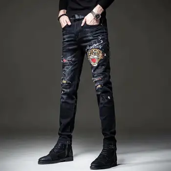 Луксозни Всекидневни Панталони за Мъже 2023, Нови Летни Корейски Дизайнерски Мъжки Дънки, Тънки Модерни Ежедневни Панталони Harajuku С Бродерия Тигър