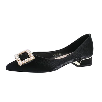Луксозни дамски обувки-лодка с квадратни бутони, украсени с кристали, дамски обувки на нисък ток, дамски работна обувки за сватбени партита