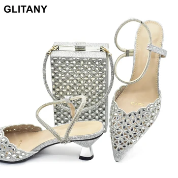 Луксозни дизайнерски обувки Shine за една дама на средна токчета, украсени с кристали, с остри пръсти, сватбени обувки за булката и набор от чанти за партита в женския стил в нигерия стил