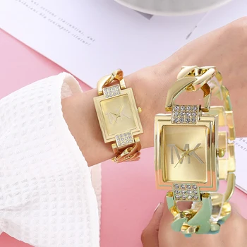 Луксозни маркови дамски часовници TVK, модерен темпераментен стил, метална каишка, Квадратни кварцов дамски часовници, Златни часовници