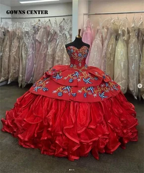Луксозно Бордовое Мексиканското Бална рокля С Волани И Бродерия, Пищни Рокля От Тюл С Открити Рамене, Сладка Рокля 15 Vestidos De 15 Años