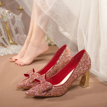 Лятна мода Остър чорап Лък пайети Малки горловина Дишащи дамски обувки Нови пикантни елегантни банкетни сватбени обувки на висок ток