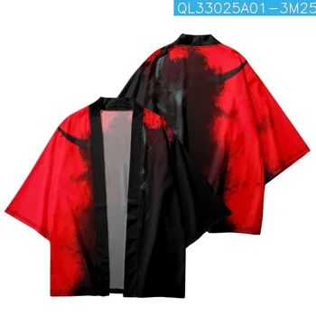 Лятото Японското Кимоно Плажни шорти Традиционната Червено-черна жилетка с принтом Демон Двойка Юката на Жените и Мъжете Градинска облекло
