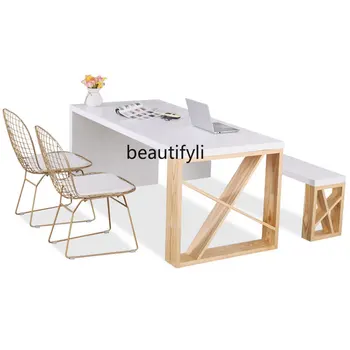 Маса за хранене от масивно дърво в скандинавски стил, домашен Креативен дизайн на работното място, прост, модерен дългата маса, луксозна маса от бяла светлина.