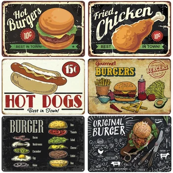 Метална лидице знак за горещите бургери, Ретро плакат с печено пиле, ретро табела, Стенен интериор за кухня, ресторант, магазин