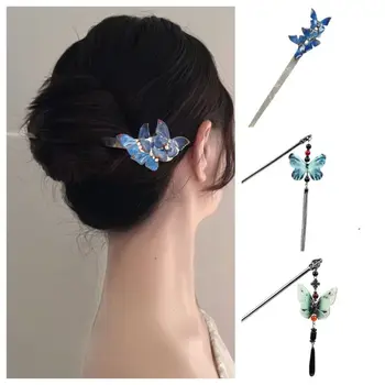 Метална пръчка за коса и с папийонка, класическа пискюл, Акрилна пръчка за коса Hanfu, Пръчици за хранене, шнола за коса с пеперуда в китайски стил, Ежедневно шнола за коса с пеперуда