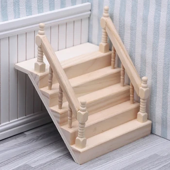 Миниатюрна стълбище с парапет за куклена къща 1: 12, Дървена сцена, прости модели на стълби, мебели за мини-стълби, интериор на стаята